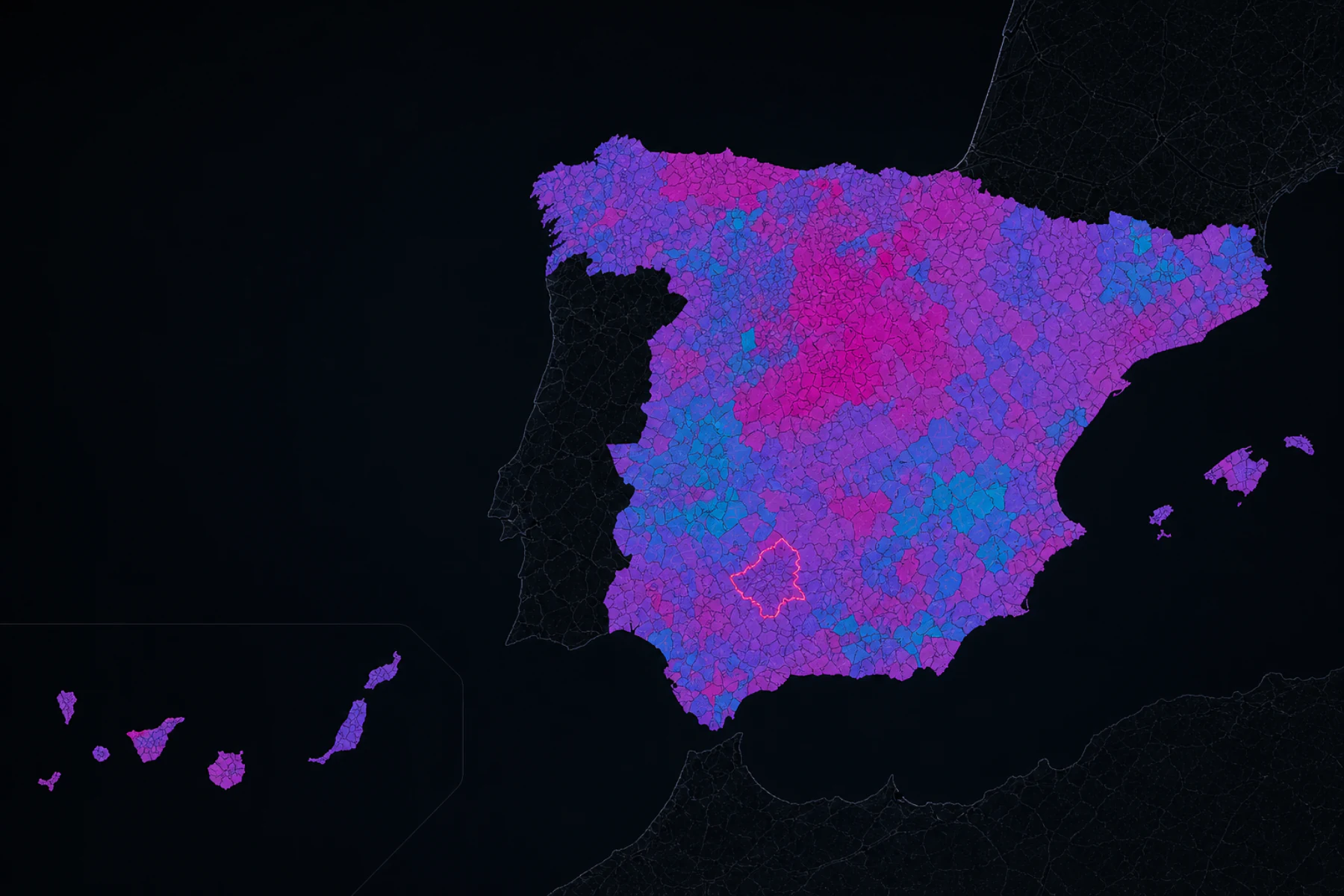 Mapa electoral ilustrativo de España con divisiones territoriales coloreadas y un territorio seleccionado